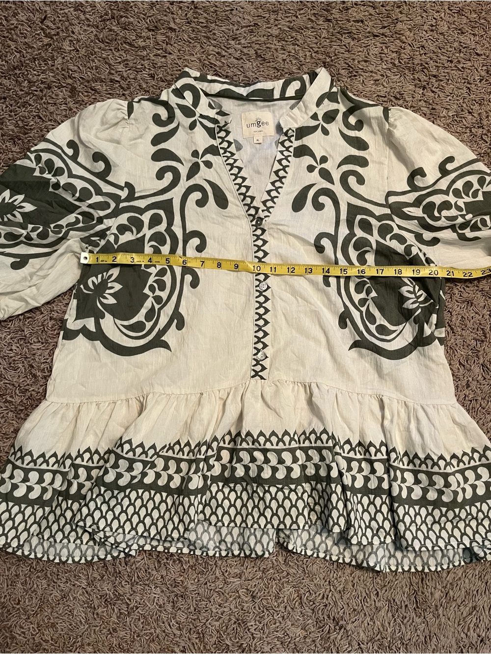 UMGEE Scroll Print Popover Peplum Blouse Boho Tunic Top Sz XL Cream Sage - Picture 8 of 10